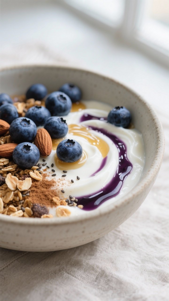 Close-up detail shot: A prepared Blueberry Greek Yogurt Bowl with thick, creamy Greek yogurt swirled