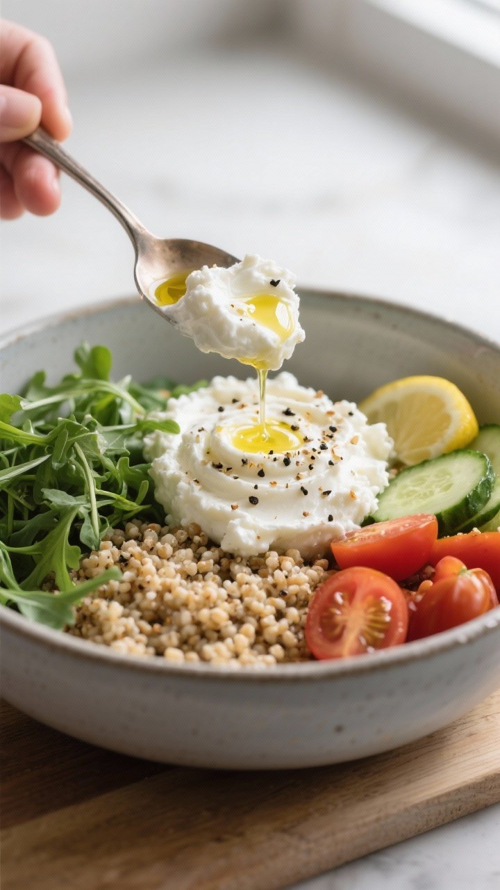 Close-up detail shot: A savory Cottage Cheese Power Bowl mid-assembly. A spoon dollops creamy 4% cot