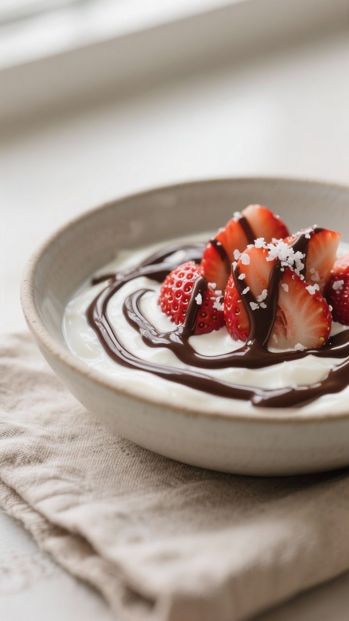 Close-up detail shot: A shallow bowl of prepared Greek yogurt topped with sliced strawberries, just-