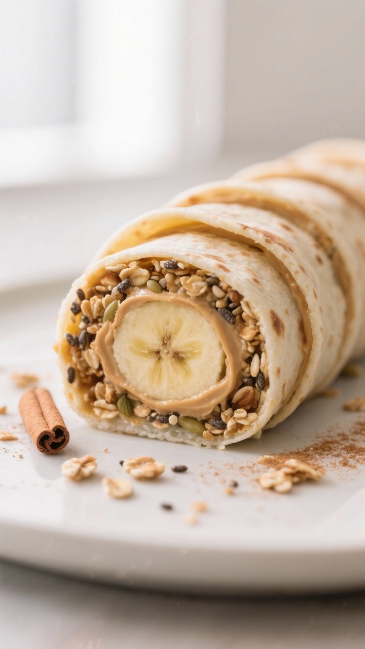 Close-up detail shot: a sliced breakfast sushi roll showing tight, clean spirals of tortilla wrapped