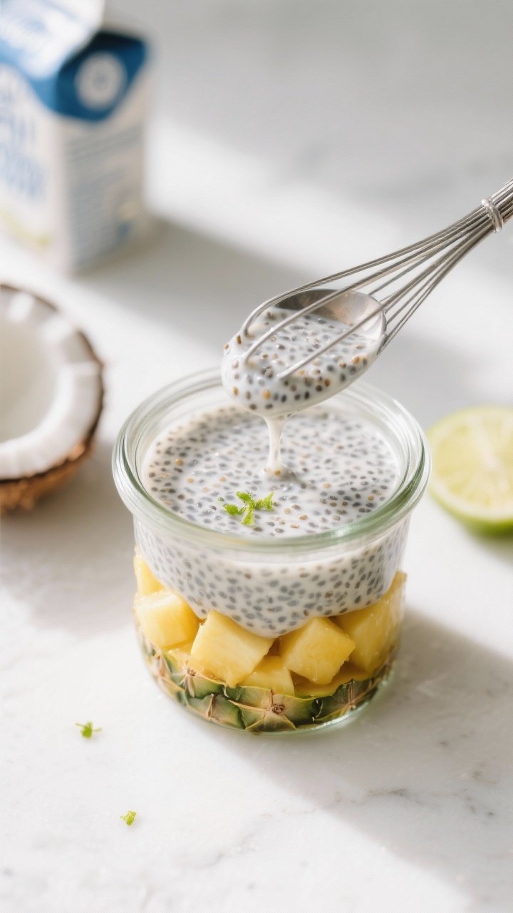 Close-up detail shot: A small glass jar half-filled with freshly thickened chia pudding being spoone
