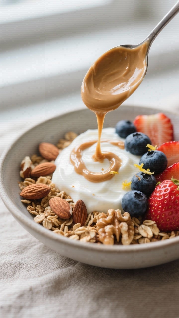 Close-up detail shot: A spoon drizzling warm almond butter in a thin ribbon over a prepared Greek yo