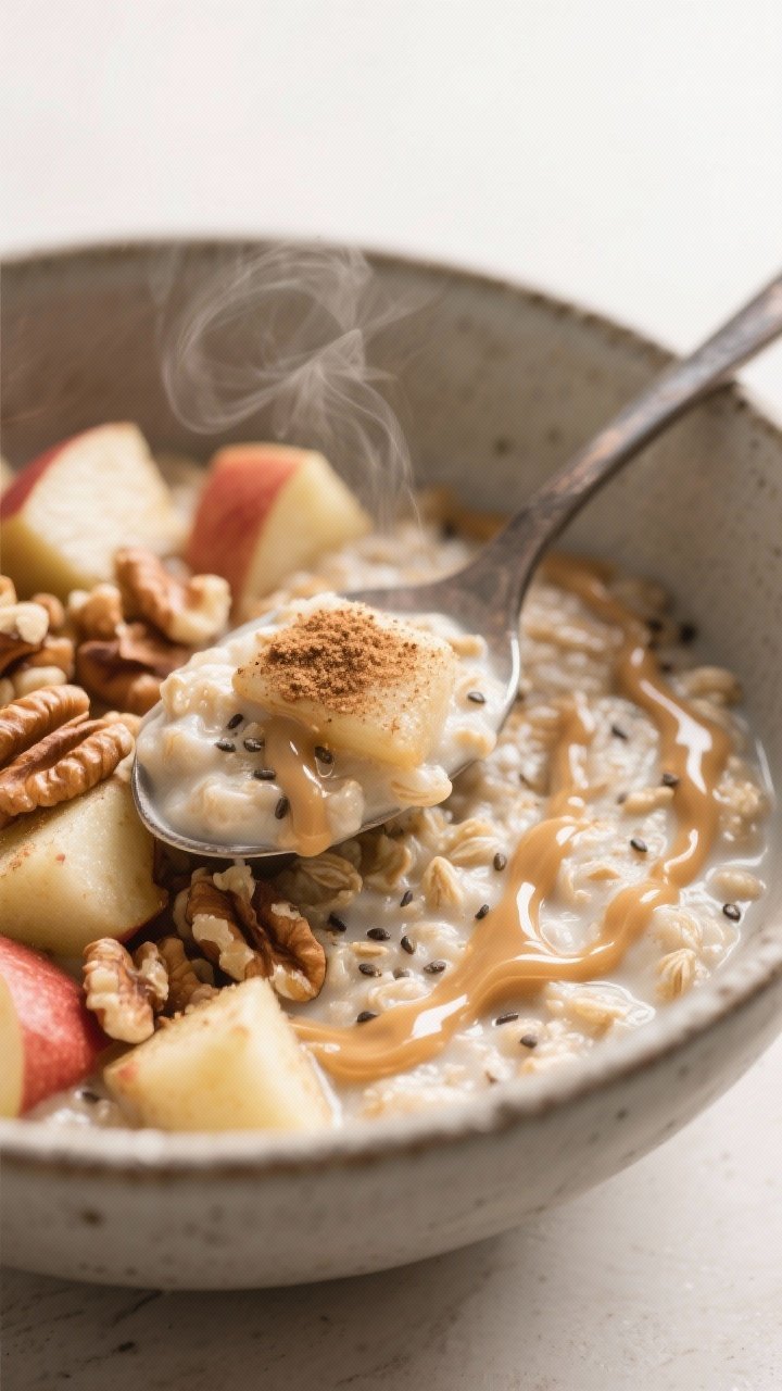 Close-up detail shot: A spoon scooping creamy apple-cinnamon oatmeal from a matte stoneware bowl, sh
