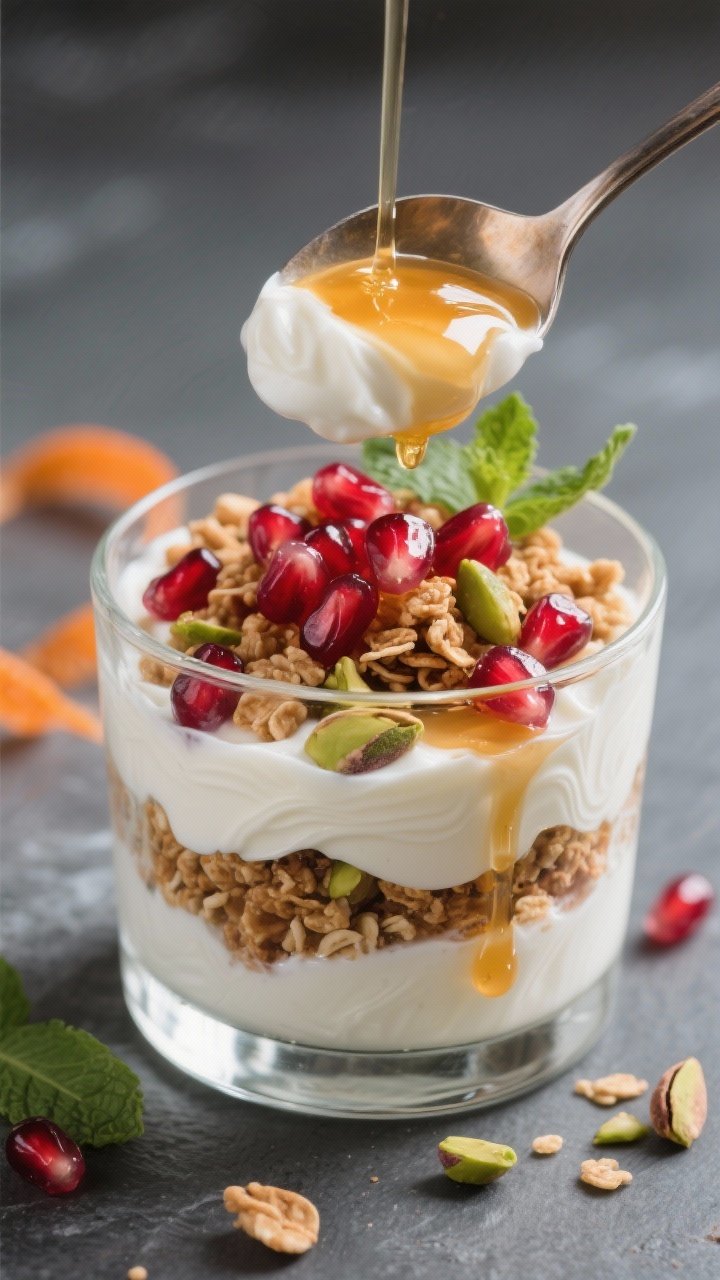 Close-up detail shot: A spoon scooping through layered pomegranate yogurt parfait in a clear rocks g
