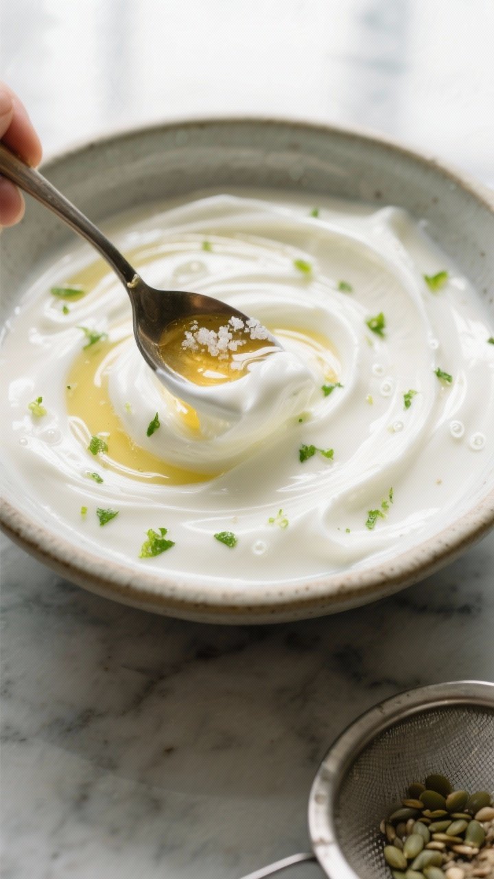 Close-up detail shot: A spoon swirling through the mixed calamansi yogurt base in a ceramic bowl, sh