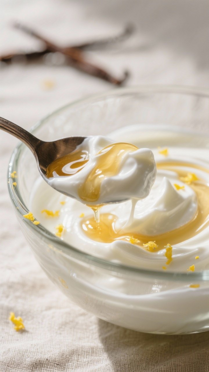 Close-up detail shot: A spoonful of creamy Greek yogurt being swirled with a drizzle of honey and a 