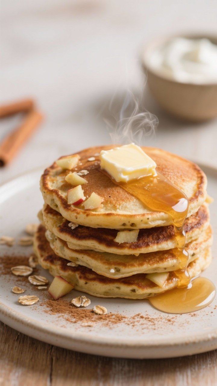 Close-up detail shot: A stack of apple cinnamon protein pancakes just off the griddle, golden-brown 