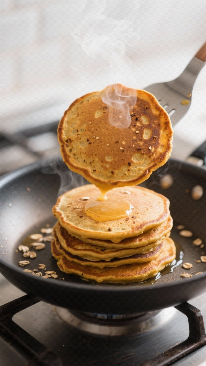 Close-up detail shot: A stack of pumpkin protein pancakes mid-flip on a nonstick skillet, golden-bro