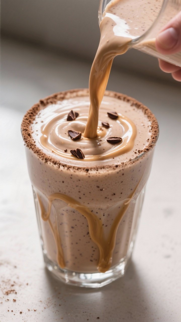 Close-up detail shot: A thick, freshly blended Reese’s Smoothie pouring in a silky ribbon into a c
