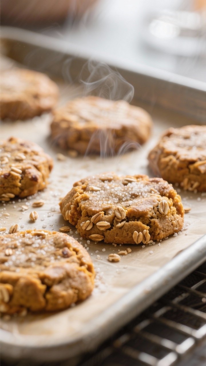 Close-up detail shot: A tray of freshly baked freekeh pumpkin cookies just out of the oven, edges se