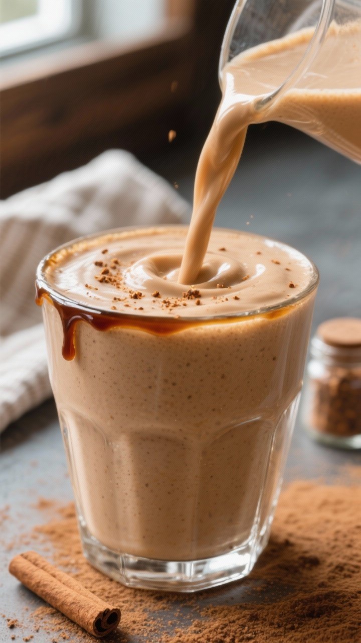 Close-up detail shot: A velvety gingerbread smoothie mid-pour into a chilled clear glass, showing th