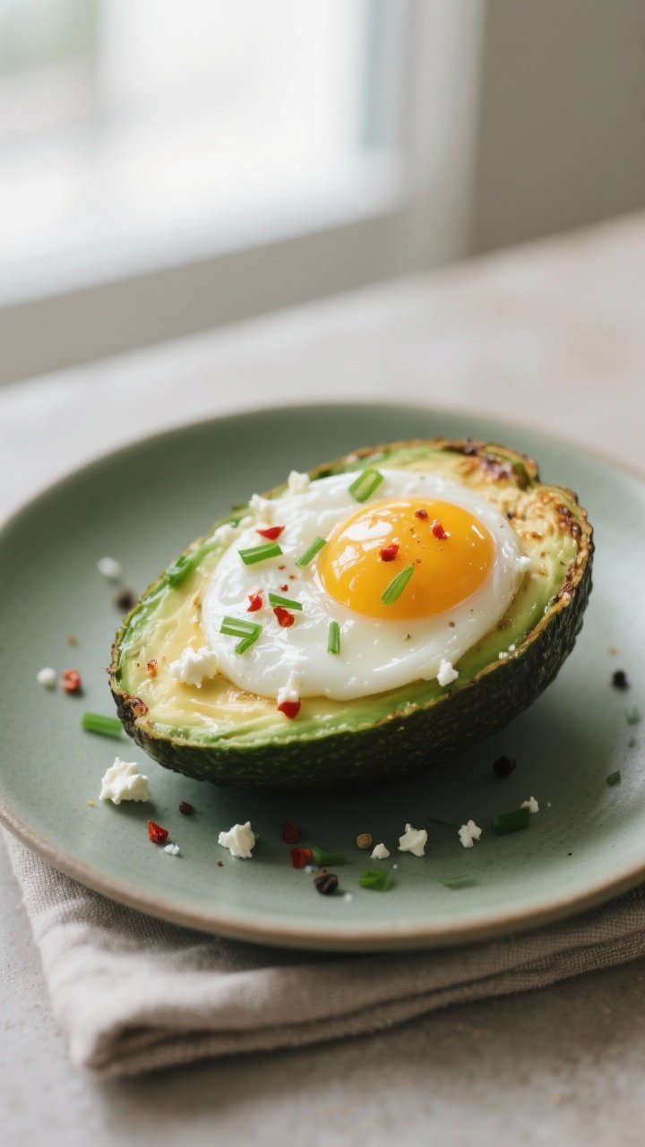 Close-up detail shot: Baked avocado half cradling a just-set egg with a glossy, runny yolk center; w