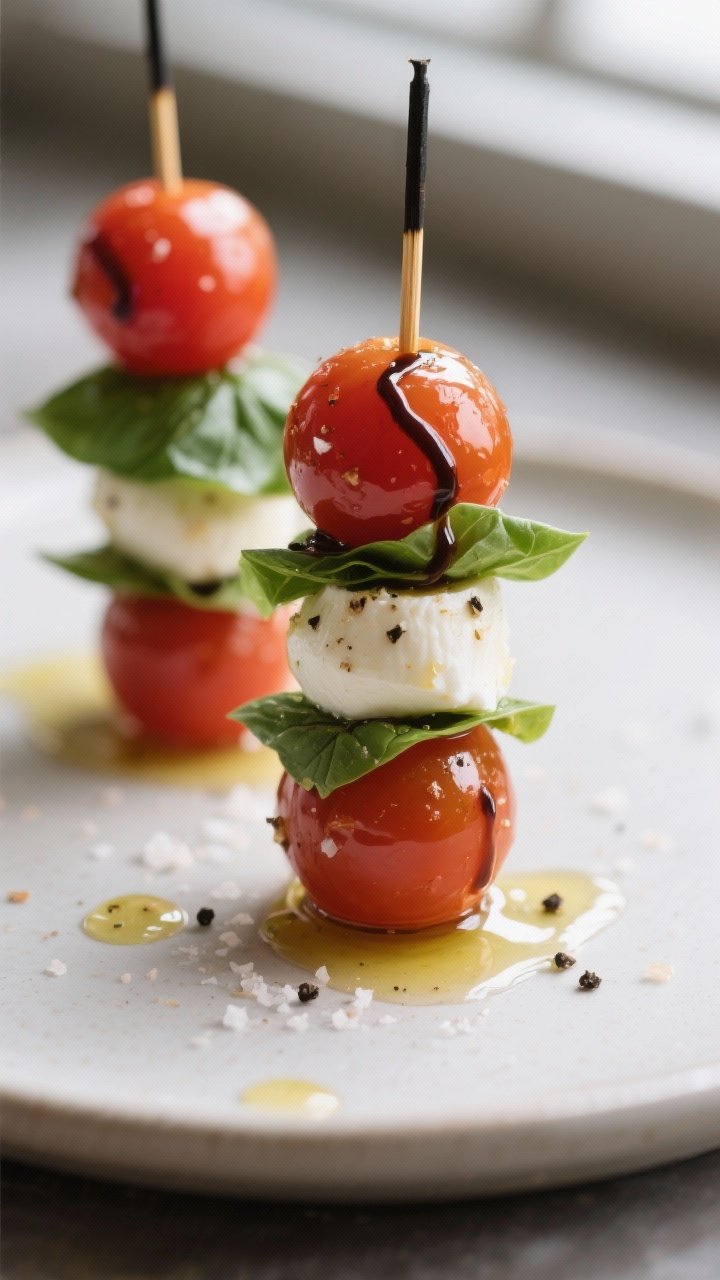 Close-up detail shot: Bite-size Caprese skewers fully assembled (tomato → folded basil → seasone
