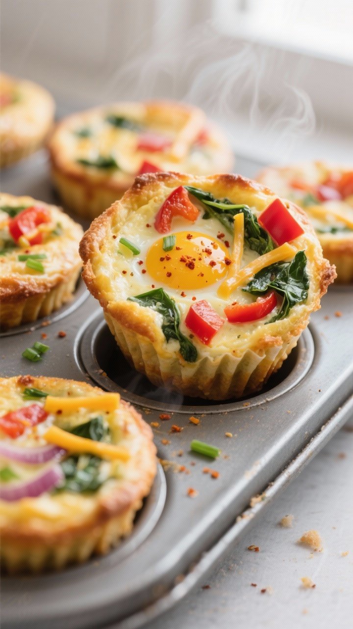Close-up detail shot: Freshly baked egg & veggie muffin cups just released from a greased muffin pan