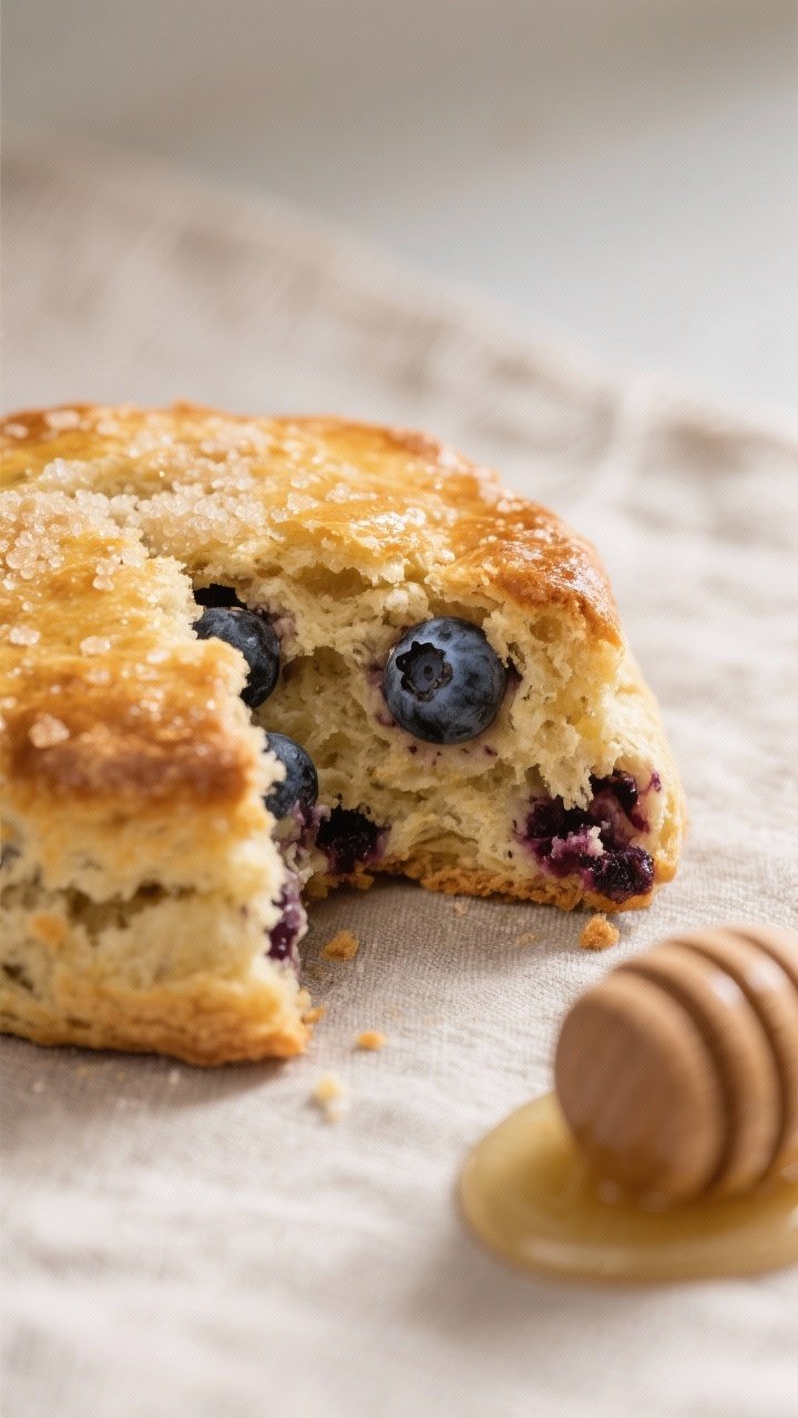 Close-up detail shot: Freshly baked einkorn blueberry scone torn open to reveal a moist, tender crum