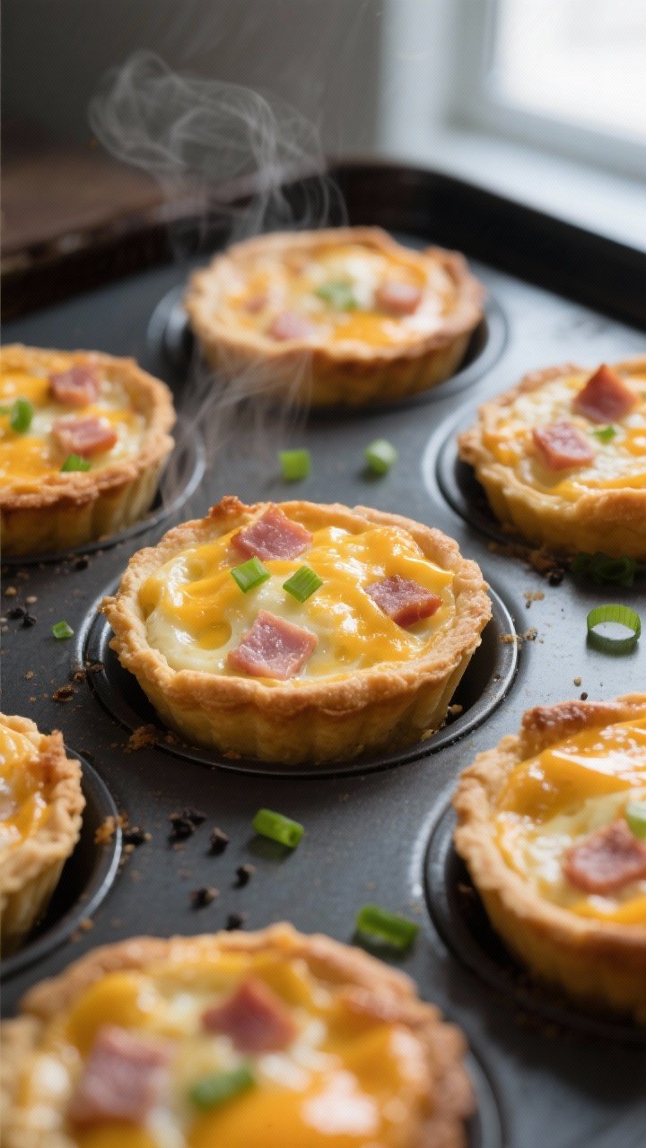 Close-up detail shot: freshly baked mini ham-and-cheddar quiche just out of a muffin pan, centers se