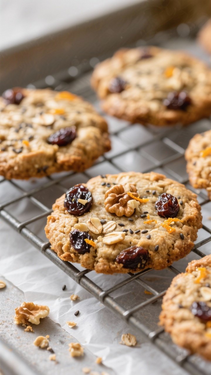 Close-up detail shot: Freshly baked oatmeal raisin energy cookies cooling on a wire rack, edges just