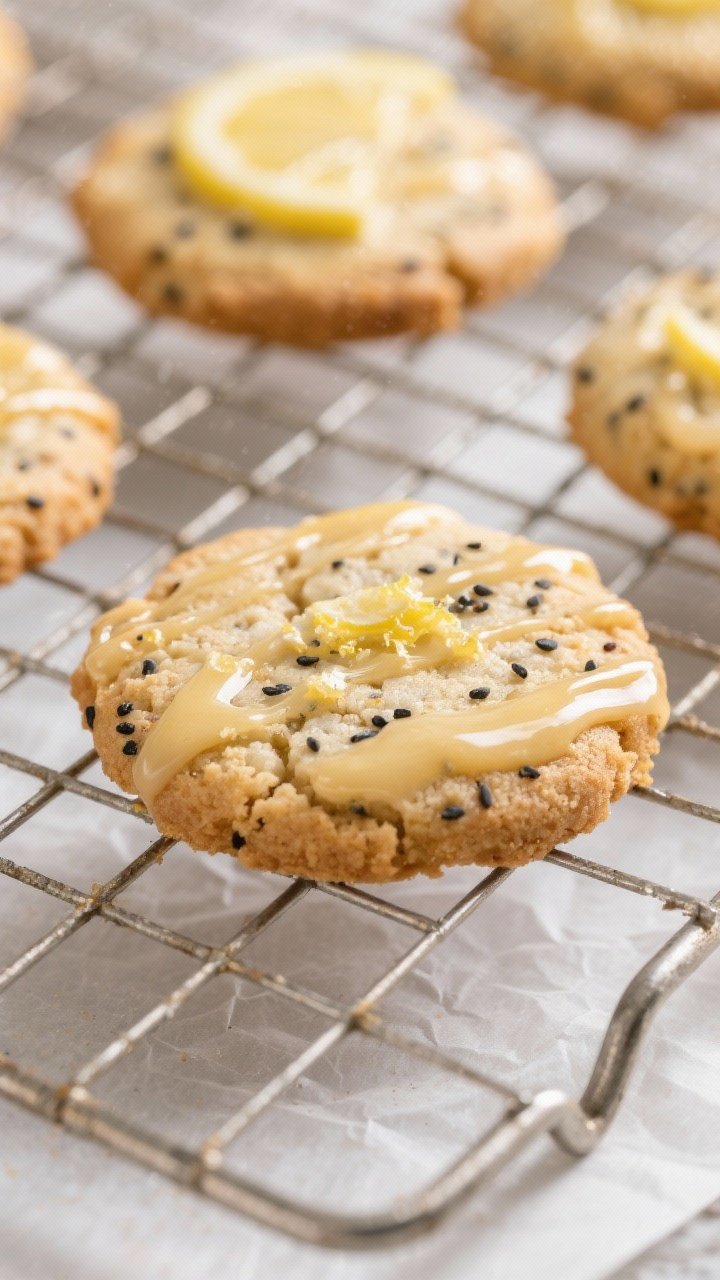 Close-up detail shot: freshly baked sorghum lemon poppy cookies cooling on a wire rack, edges lightl