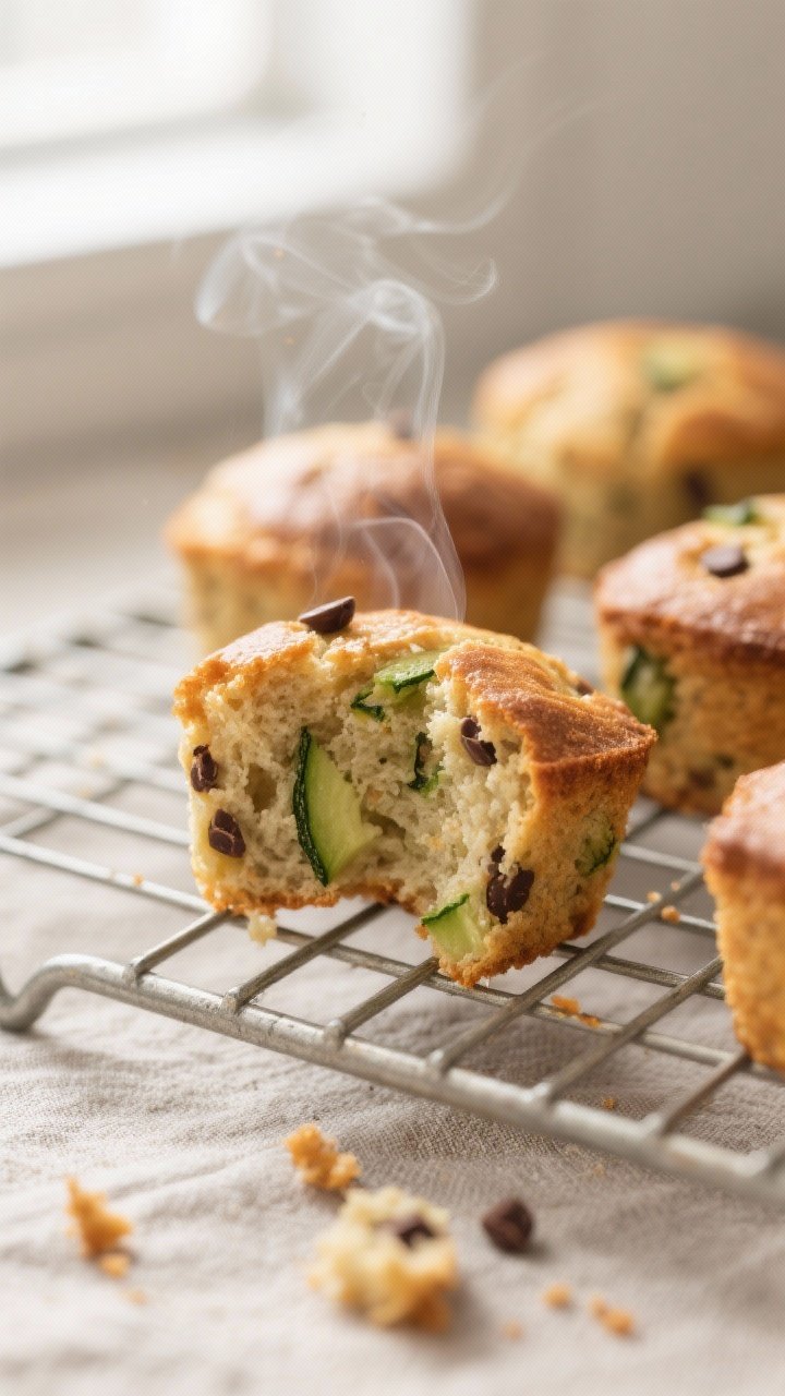 Close-up detail shot: Freshly baked Spelt Zucchini Bread Bites cooling on a wire rack, one bite torn
