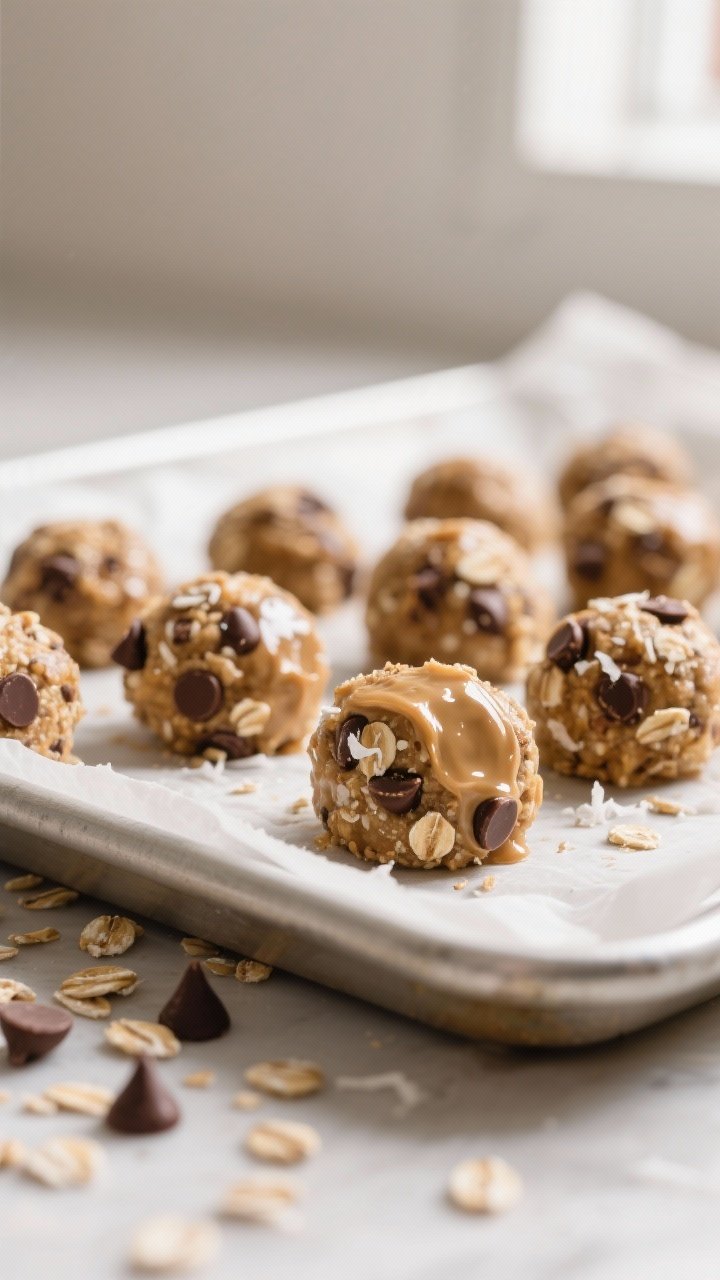 Close-up detail shot: freshly rolled Wowbutter chocolate chip bites on a parchment-lined tray after 
