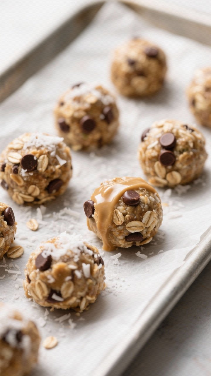 Close-up detail shot: freshly rolled Wowbutter Energy Bites arranged on a parchment-lined tray after
