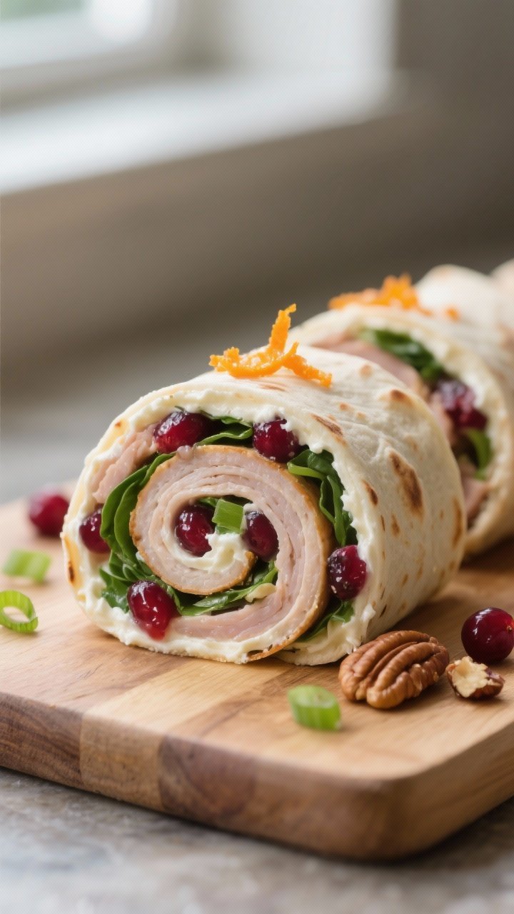 Close-up detail shot: freshly sliced Turkey & Cranberry Pinwheels on a cutting board, one pinwheel i