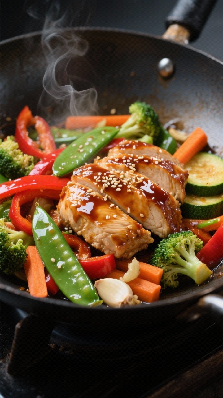 Close-up detail shot: Glazed chicken and crisp-tender veggies in a wok right after saucing. Slices o
