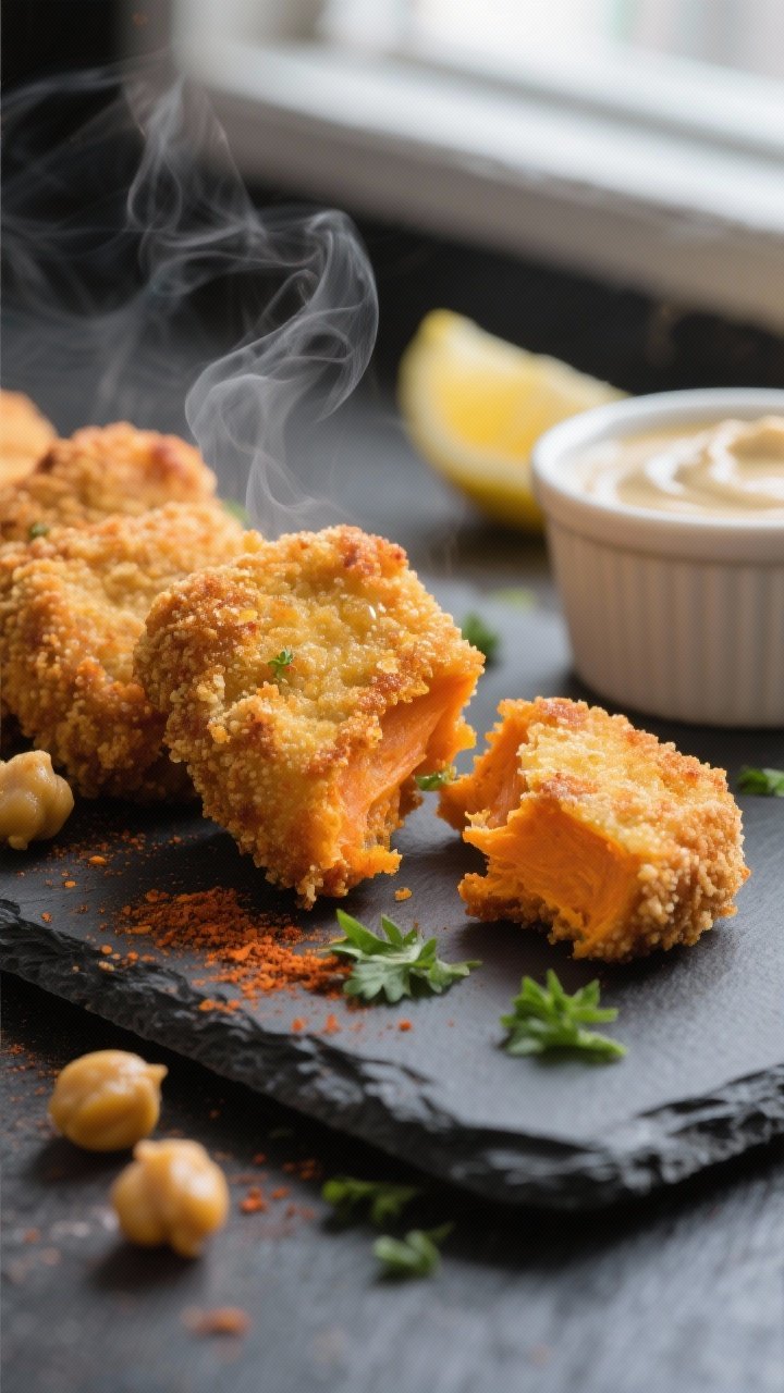 Close-up detail shot: Golden-brown sweet potato & chickpea nuggets just out of the air fryer, crisp 