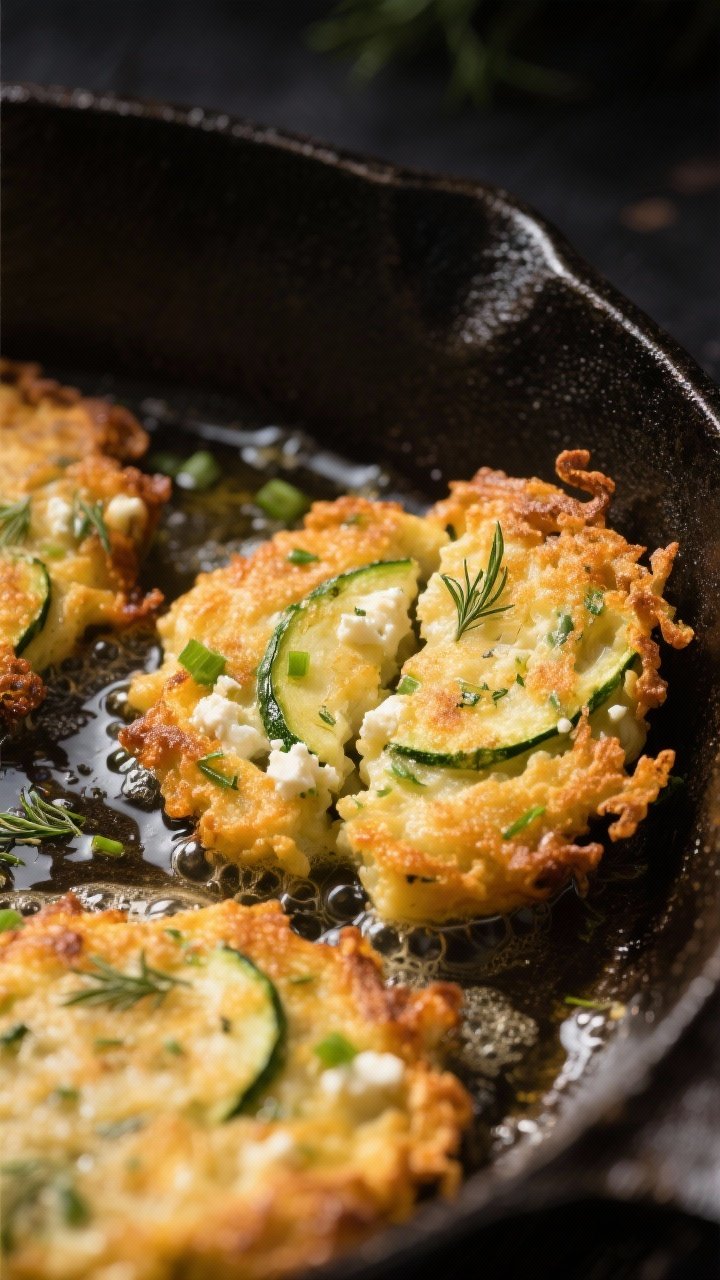 Close-up detail shot: Golden-brown zucchini and feta fritters sizzling in a cast-iron skillet, edges