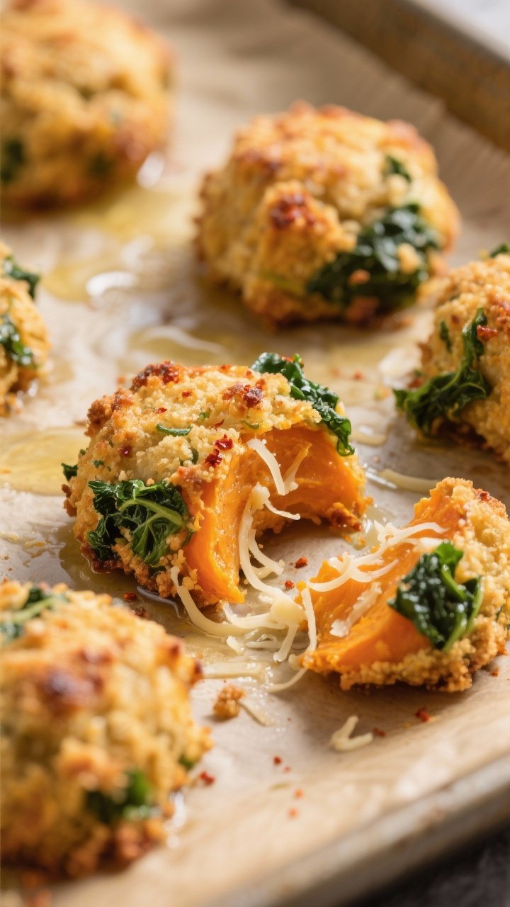 Close-up detail shot: Golden, oven-baked Sweet Potato & Kale Bites just out of the oven, edges crisp