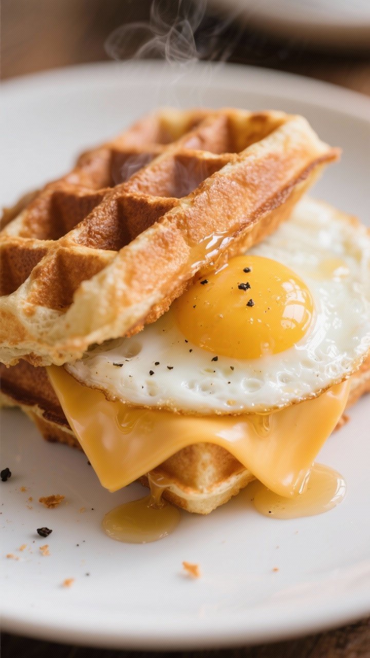 Close-up detail shot: Golden, over-medium fried egg with melted American cheese draped over the edge