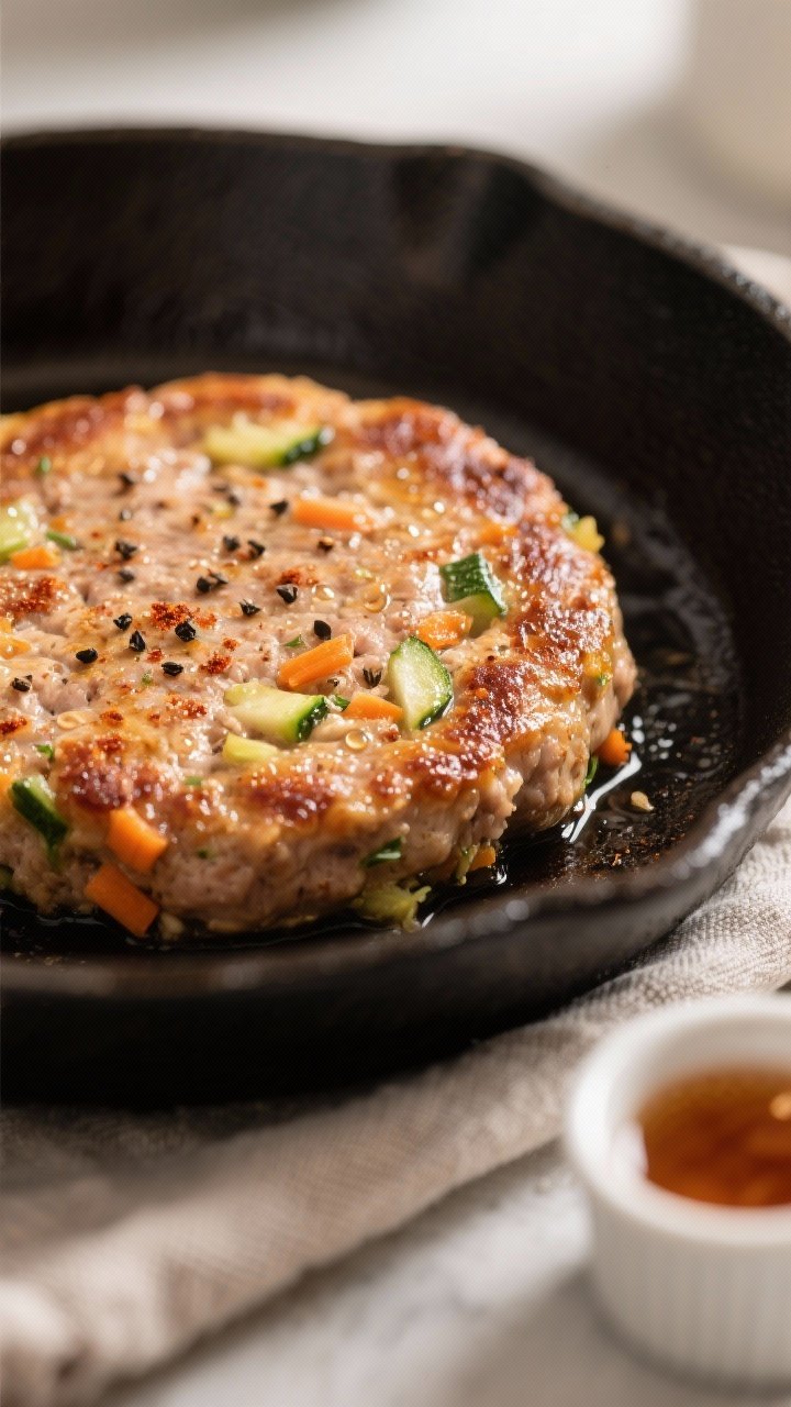 Close-up detail shot: Juicy turkey & veggie breakfast sausage patty just off the skillet, golden-bro
