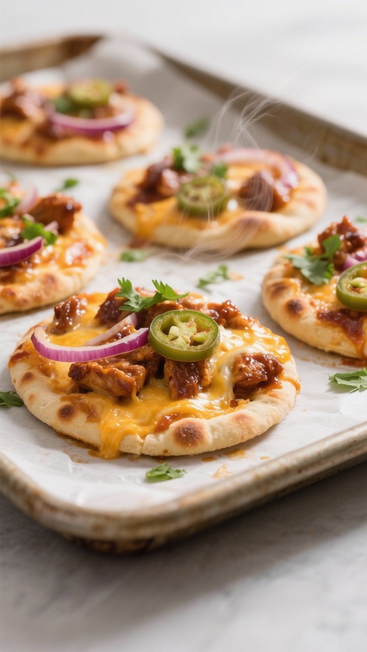 Close-up detail shot: Mini BBQ chicken pizzas just out of the oven on a parchment-lined sheet pan, c