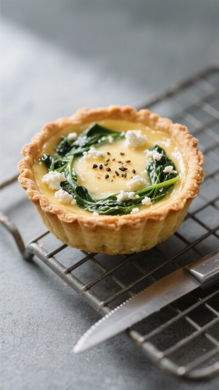 Close-up detail shot: Mini spinach and feta quiche just out of the oven, center slightly puffed with