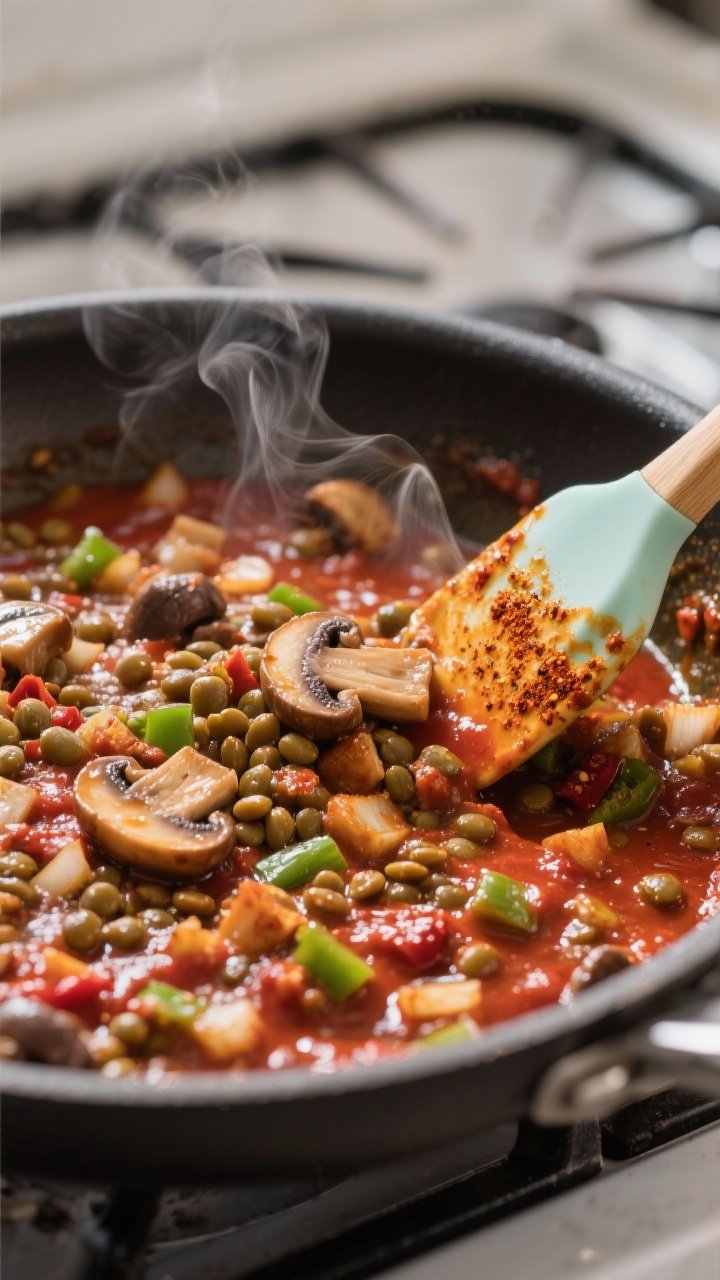 Close-up detail shot: Mushroom-lentil Sloppy Joe filling simmering in a wide skillet, saucy and glos