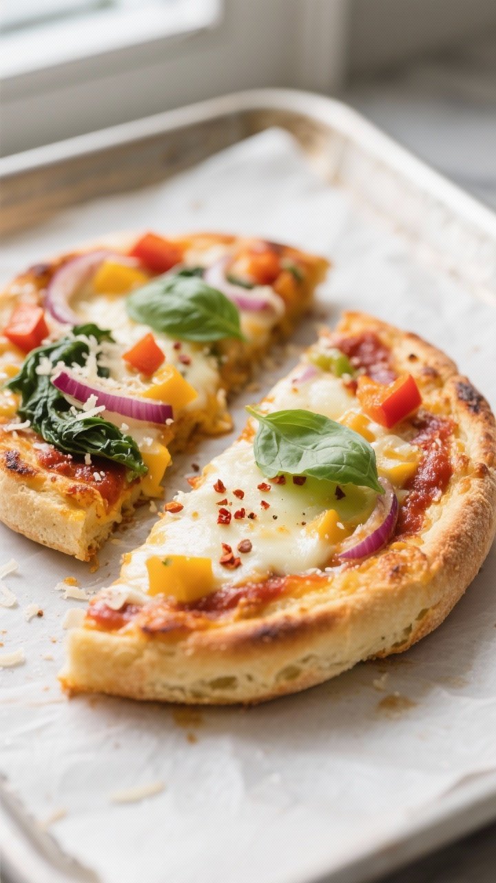Close-up detail shot of a cooked English muffin breakfast pizza half just out of the oven: golden, p
