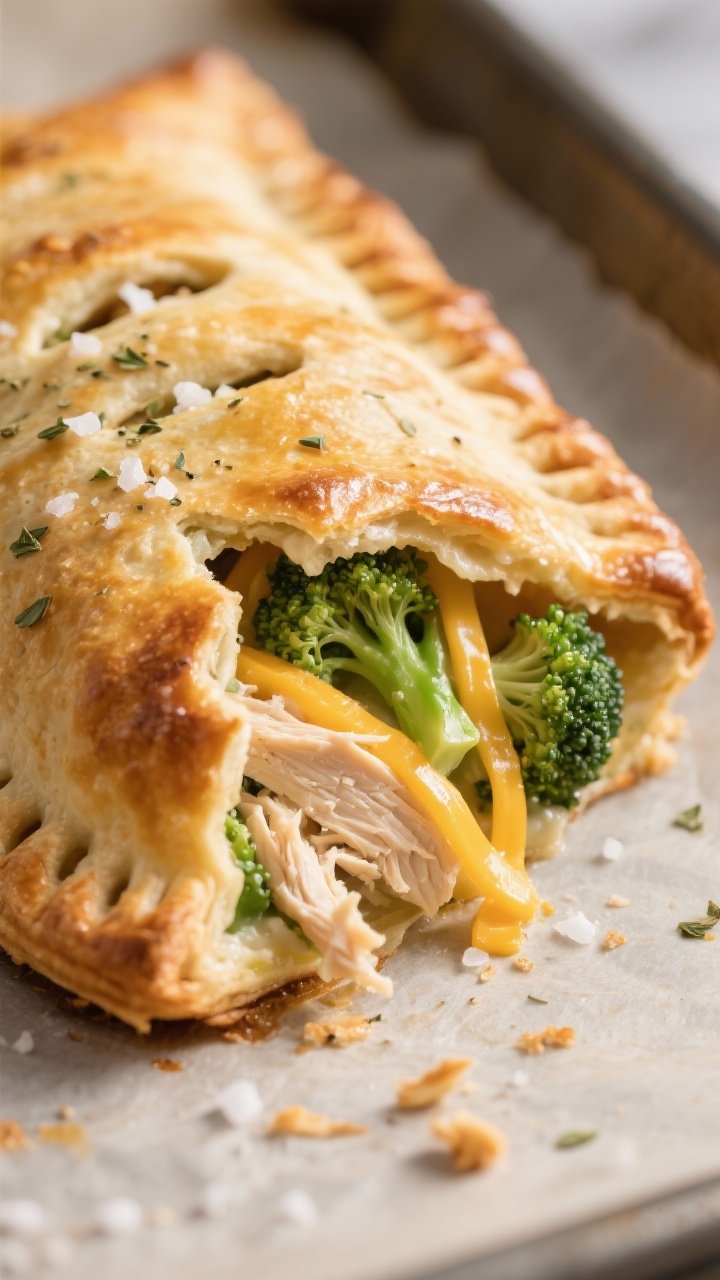Close-up detail shot of a freshly baked Chicken & Broccoli Pocket just out of the oven, one pocket t