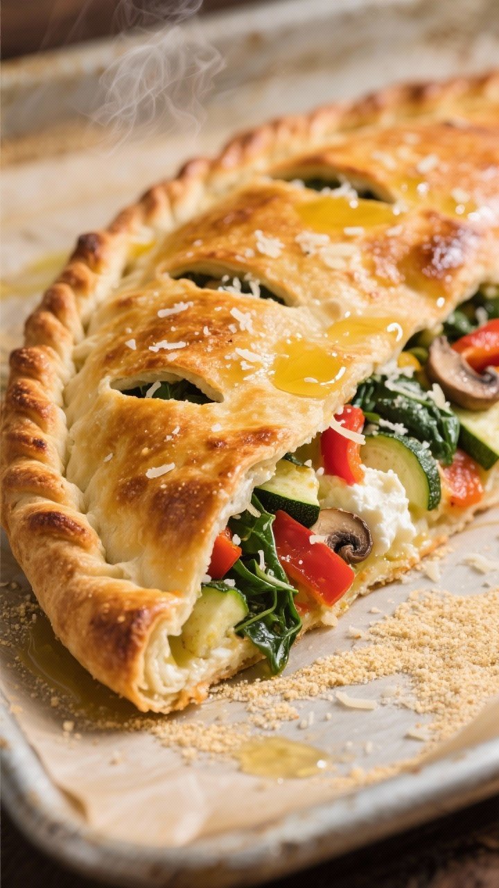 Close-up detail shot of a freshly baked veggie-packed calzone just out of the oven, golden-brown cru