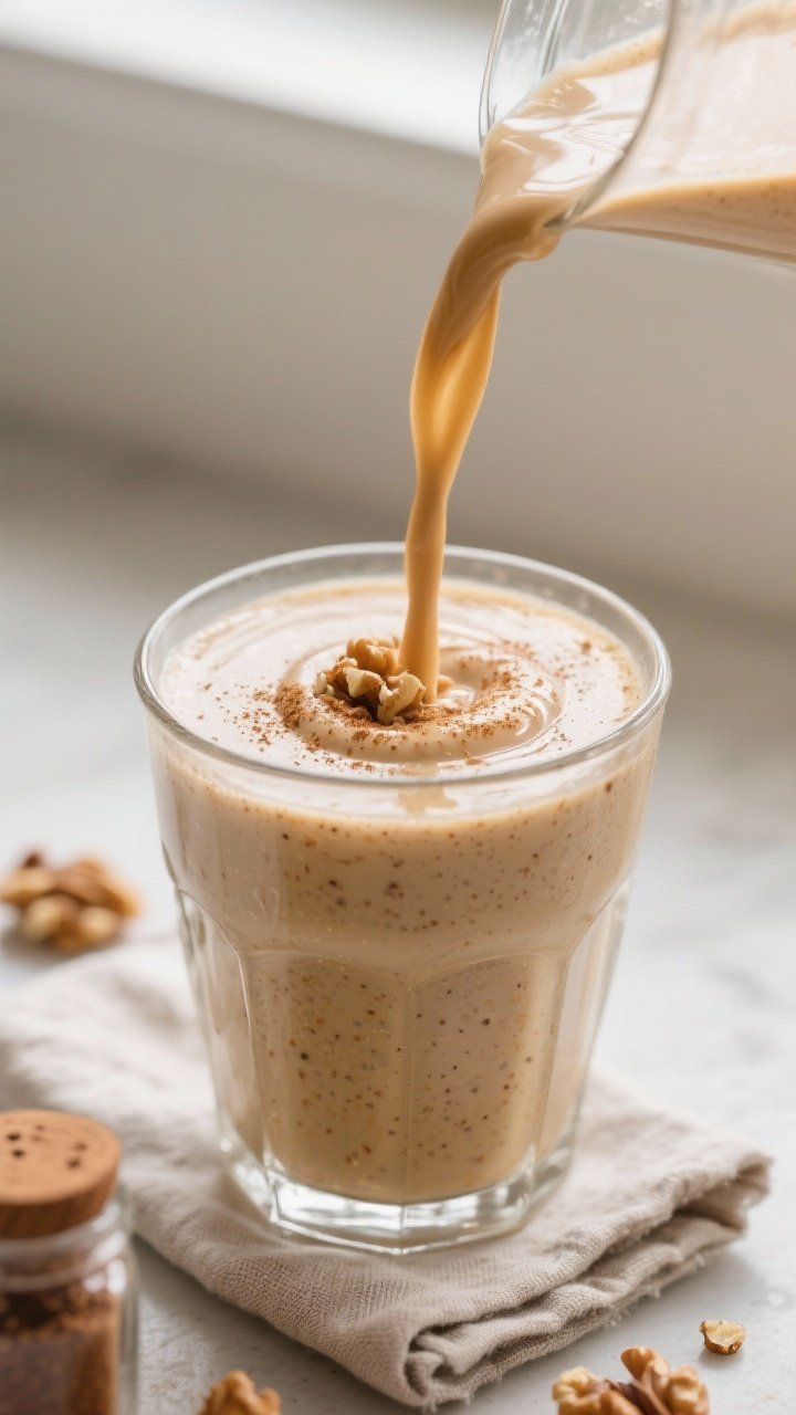 Close-up detail shot of a freshly blended Banana Bread Smoothie being poured into a clear, chilled g
