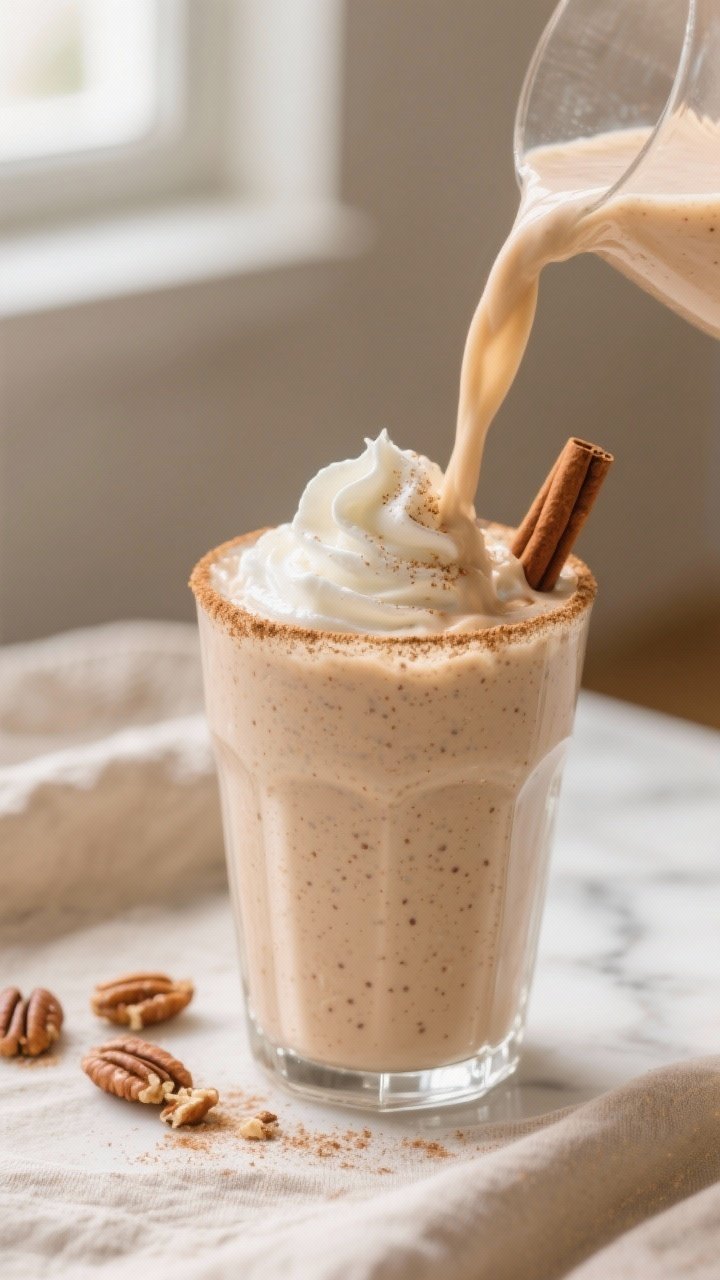 Close-up detail shot of a freshly blended Cinnamon Roll Smoothie being poured into a chilled clear g