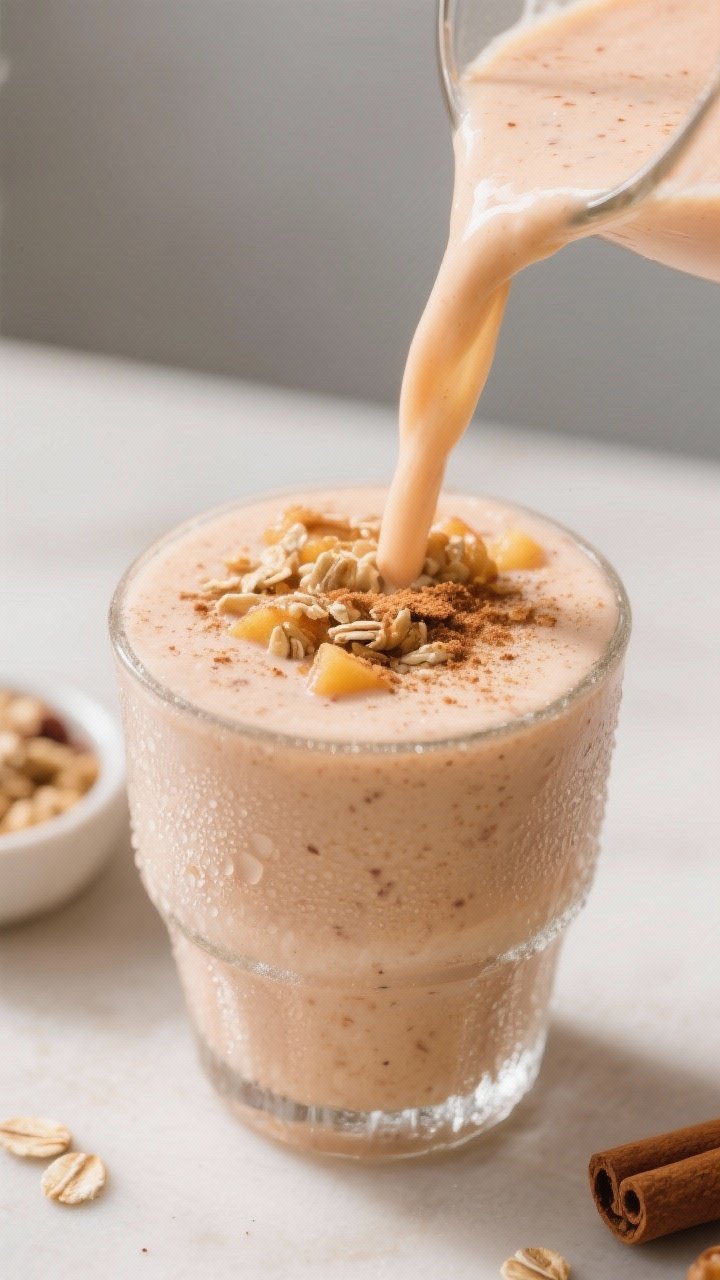 Close-up detail shot of a freshly blended Peach Cobbler Smoothie being poured into a chilled glass, 