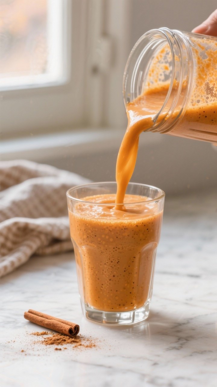 Close-up detail shot of a freshly blended Pumpkin Spice Smoothie being poured from a glass blender j