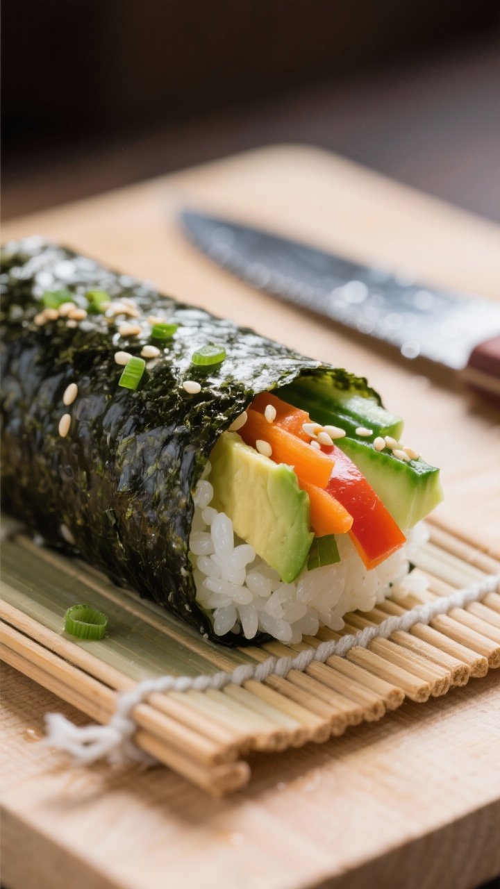 Close-up detail shot of a freshly rolled veggie sushi cylinder resting seam-side down on a bamboo ma