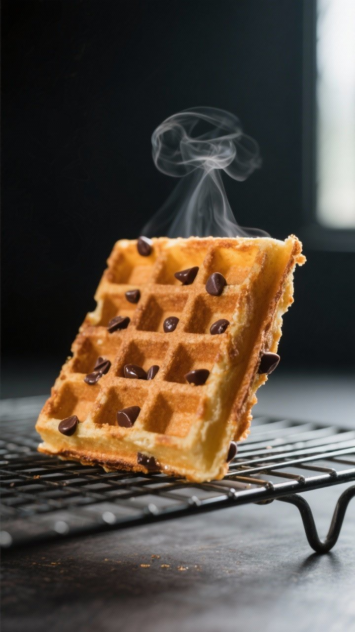 Close-up detail shot of a just-cooked chocolate chip protein waffle segment standing on edge on a wi