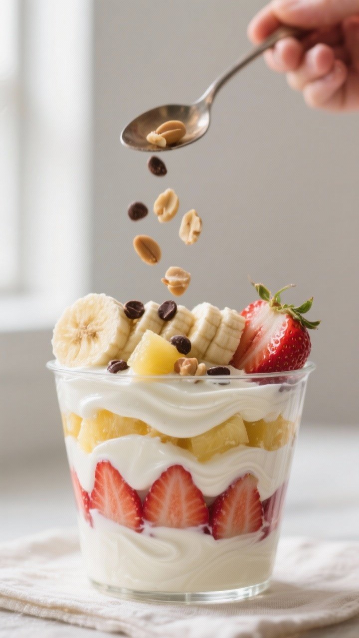 Close-up detail shot of a layered Banana Split Yogurt Cup mid-assembly: creamy Greek yogurt swirled