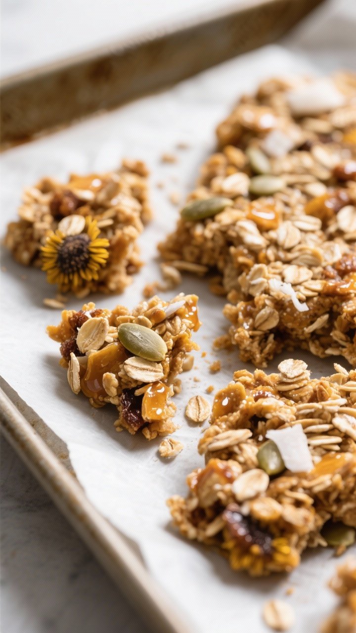 Close-up detail shot of cooled sunflower butter granola clusters being broken into large chunks on a