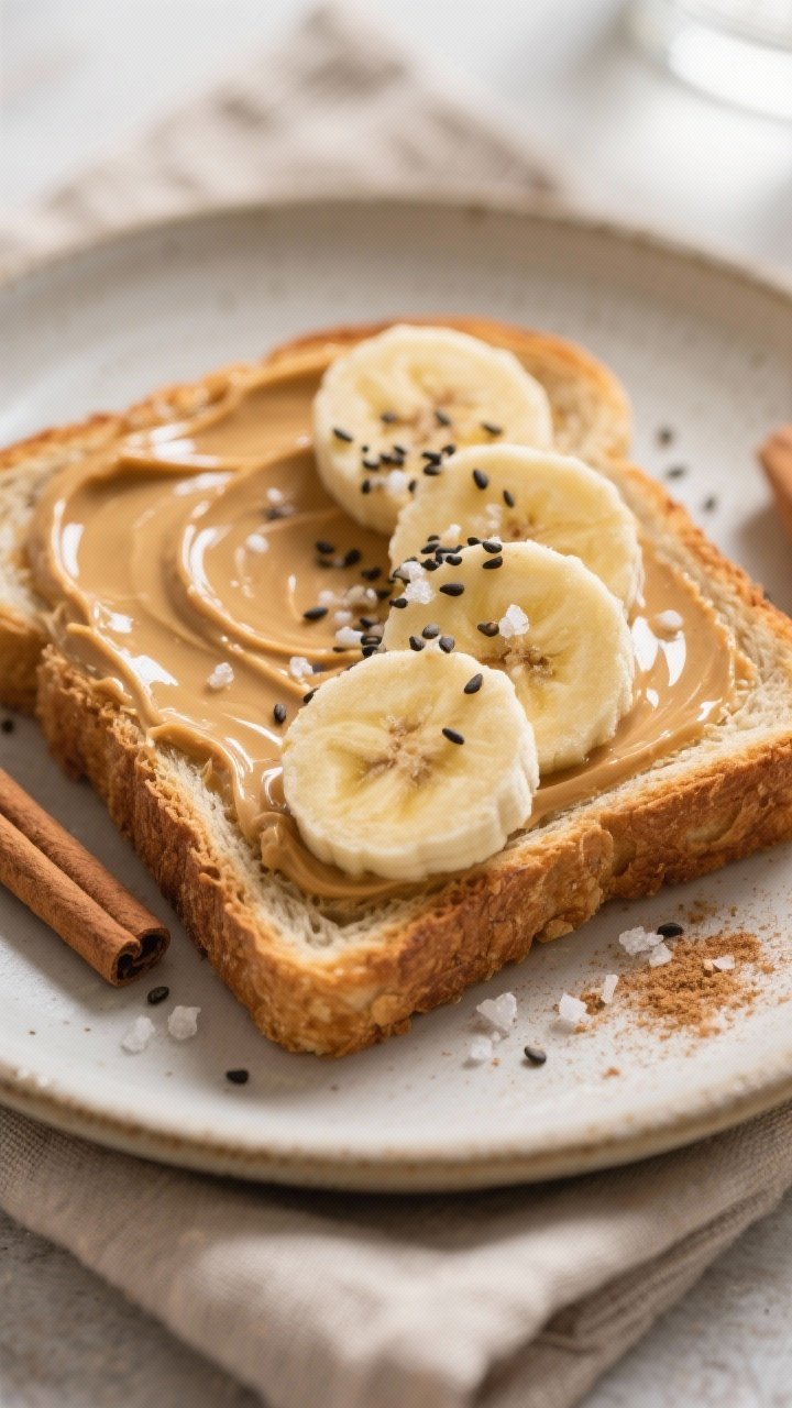 Close-up detail shot of freshly assembled peanut butter banana toast: warm, golden-edged whole-grain