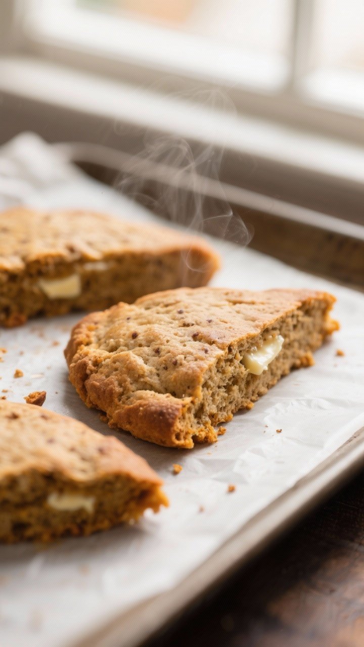 Close-up detail shot of freshly baked whole-wheat pumpkin scone wedges just out of the oven on a par