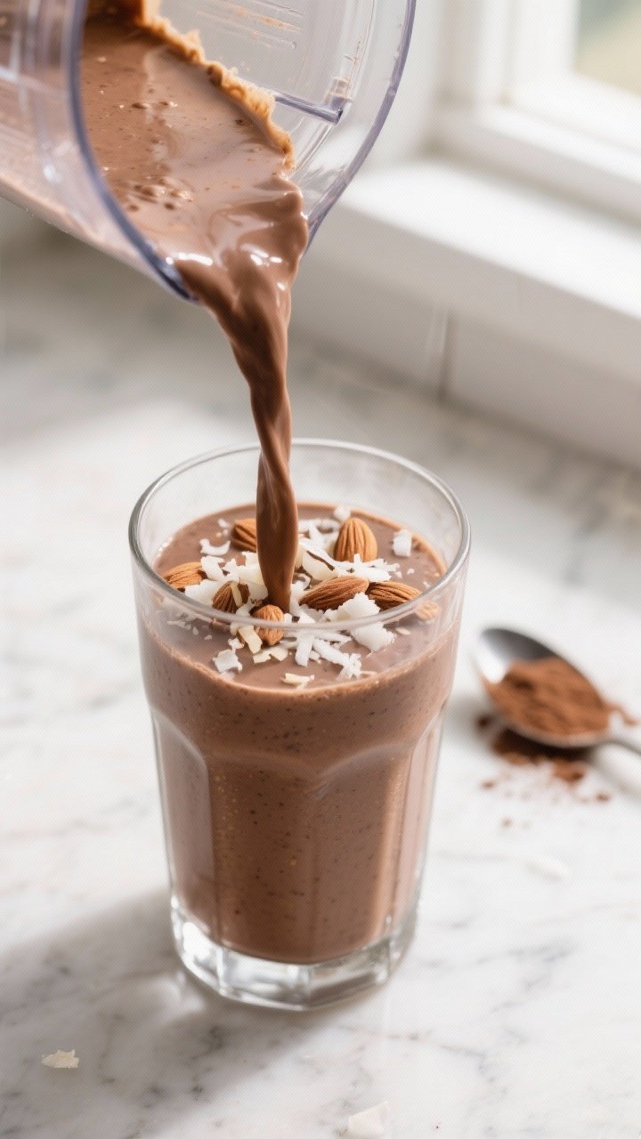 Close-up detail shot of the Almond Joy Smoothie mid-blend being poured from a glass blender into a c