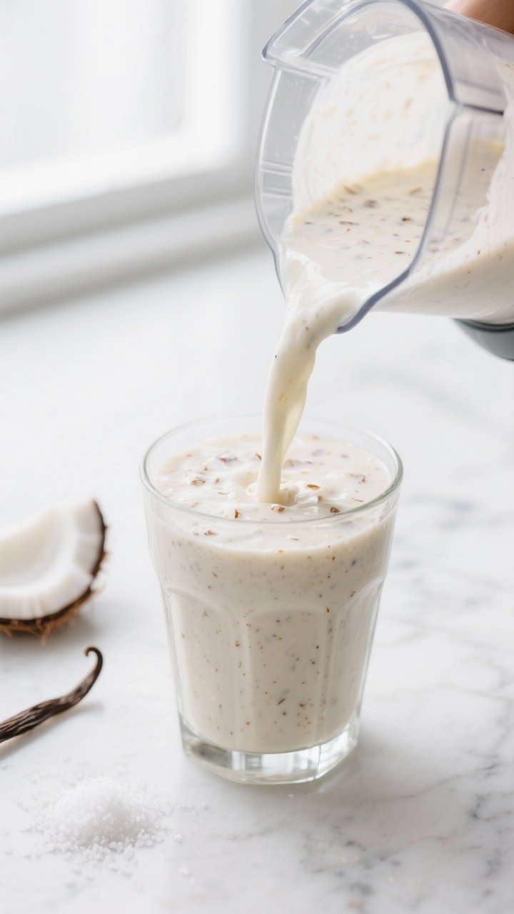 Close-up detail shot of the Coconut Cream Pie Smoothie being poured from a blender into a chilled cl
